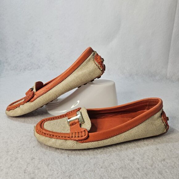 TORY BURCH Womens Driving Moccasins Sz 6 Orange Leather Canvas Loafers Tan - Picture 2 of 6
